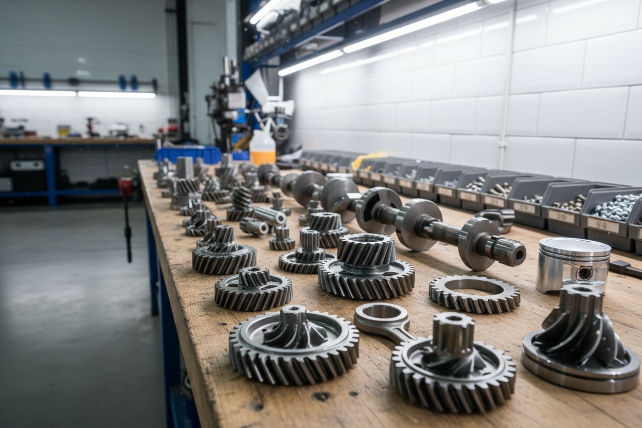 Various machine parts, including metal gears, shafts, and a piston, are arranged on a wooden workbench inside a brightly lit industrial workshop.